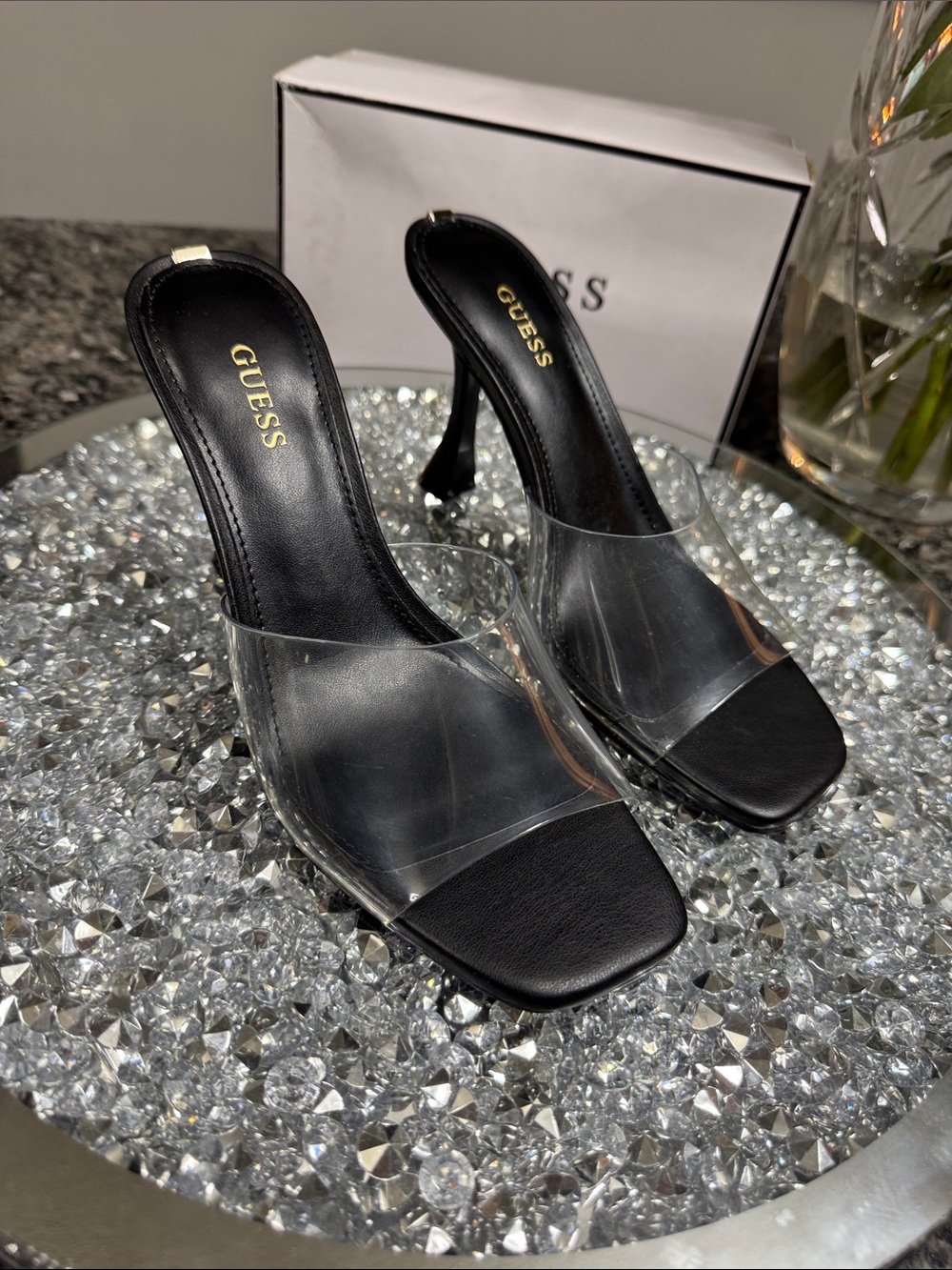 GUESS Hambree Black Heeled Mule with Clear PVC Strap NEW 6.5 - Picture 2 of 14